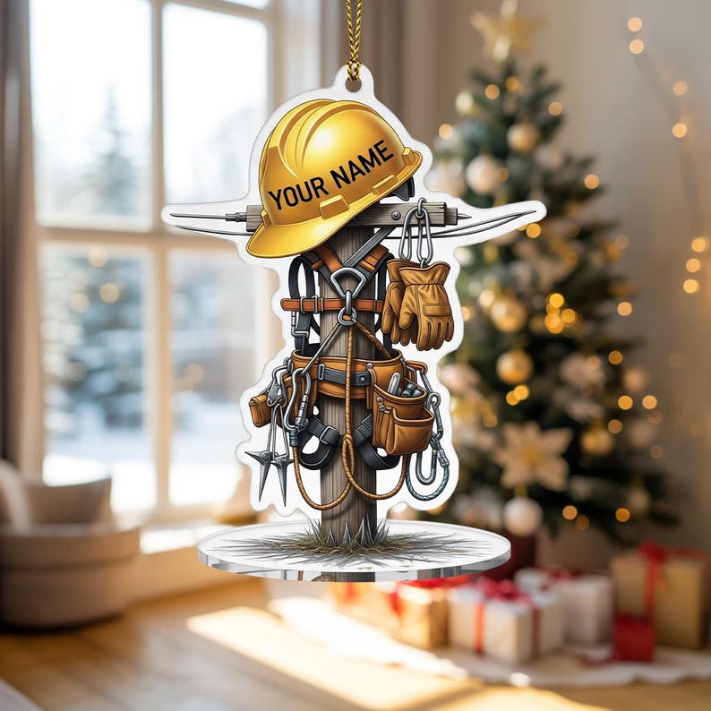 Personalized Lineman Christmas Ornament 2025, Utility Pole Tree Decor with Hard Hat, Custom Name Gift for Lineman Dad Coworker, Gift For Dad, 2D Flat Ornament