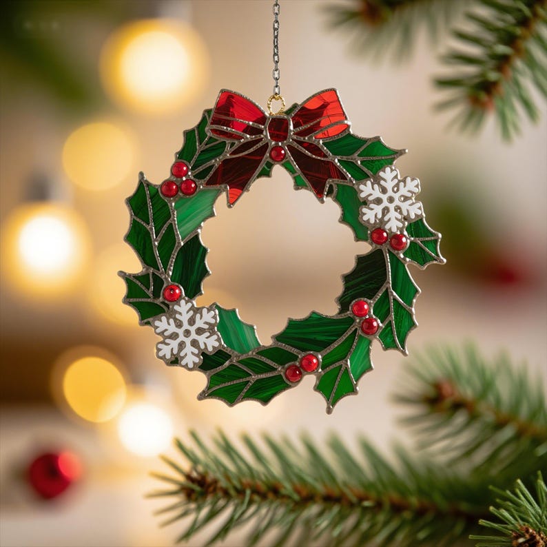 Christmas Stained Glass Holly Wreath Ornament Festive Holiday Window & Wall D cor (4 Styles Available),Perfect for Holiday Decor