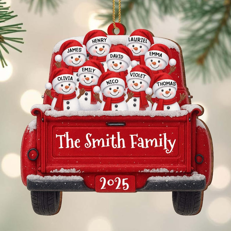 Custom Snowman Family Christmas Ornament, Red Truck Flat Ornament, Personalized Name Holiday Decor, 2D Christmas Keepsake