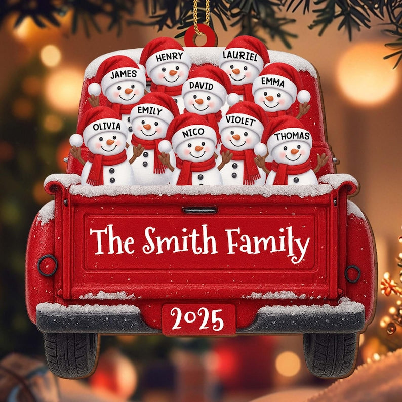 Custom Snowman Family Christmas Ornament, Red Truck Flat Ornament, Personalized Name Holiday Decor, 2D Christmas Keepsake