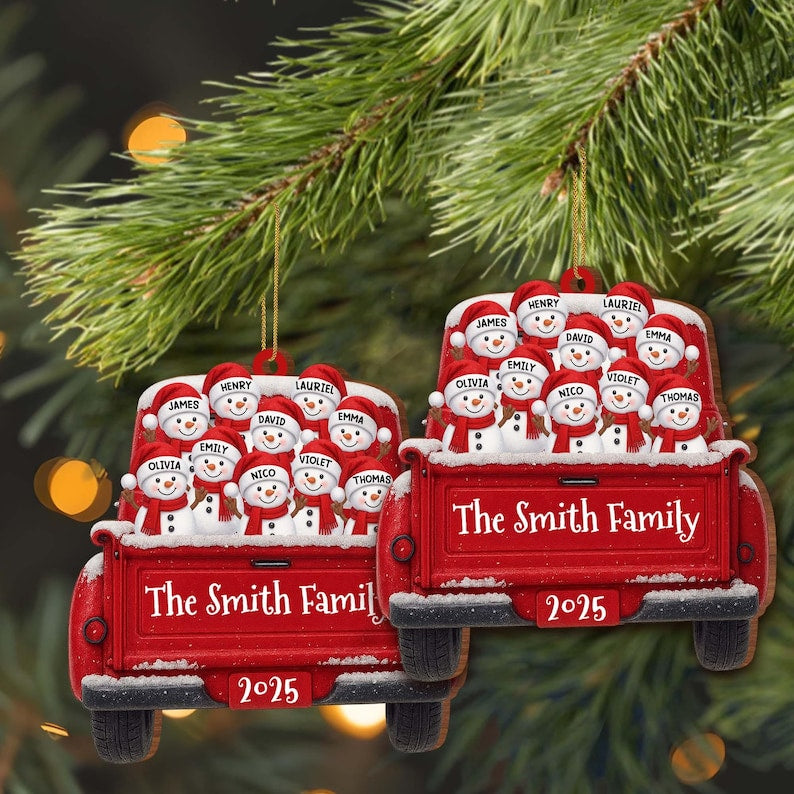 Custom Snowman Family Christmas Ornament, Red Truck Flat Ornament, Personalized Name Holiday Decor, 2D Christmas Keepsake