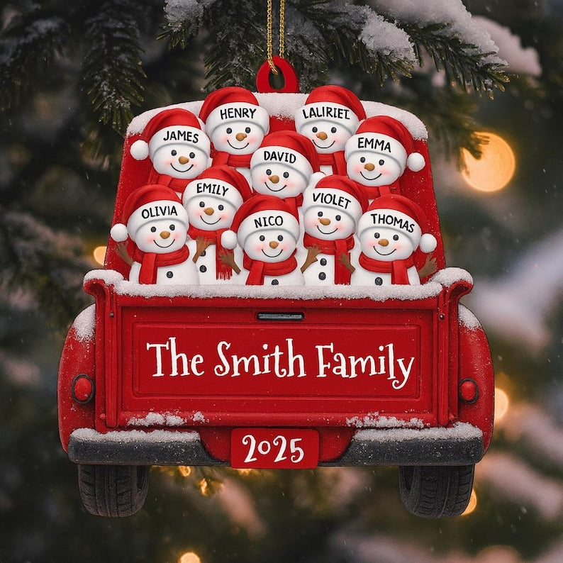 Custom Snowman Family Christmas Ornament, Red Truck Flat Ornament, Personalized Name Holiday Decor, 2D Christmas Keepsake