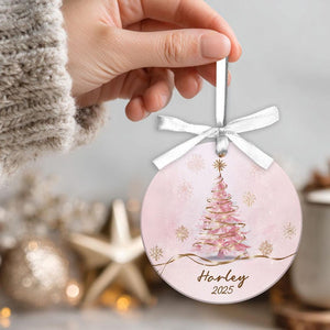 Personalized Pink Christmas Tree Ceramic Ornament Custom 2025 Holiday Keepsake with Name, Elegant Winter Decor for Girls & Families