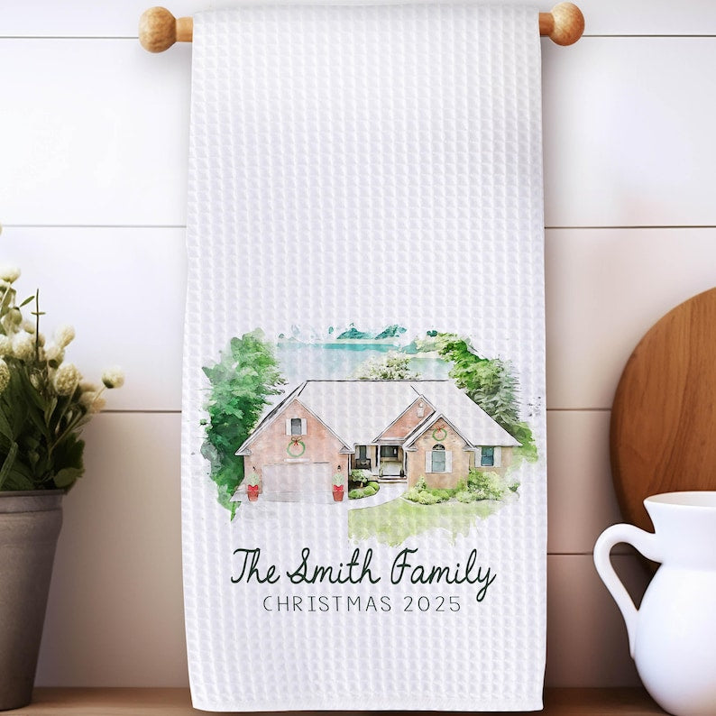 Customized Home Portrait Kitchen Dish Towel-Personalized Waffle Weave Dish Towel - Trending Hedge Style Initial - Wedding Gift Dish -Gift for Her