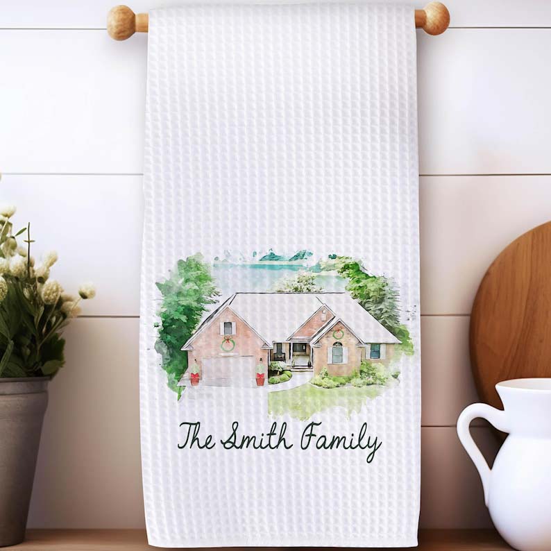 Customized Home Portrait Kitchen Dish Towel-Personalized Waffle Weave Dish Towel - Trending Hedge Style Initial - Wedding Gift Dish -Gift for Her