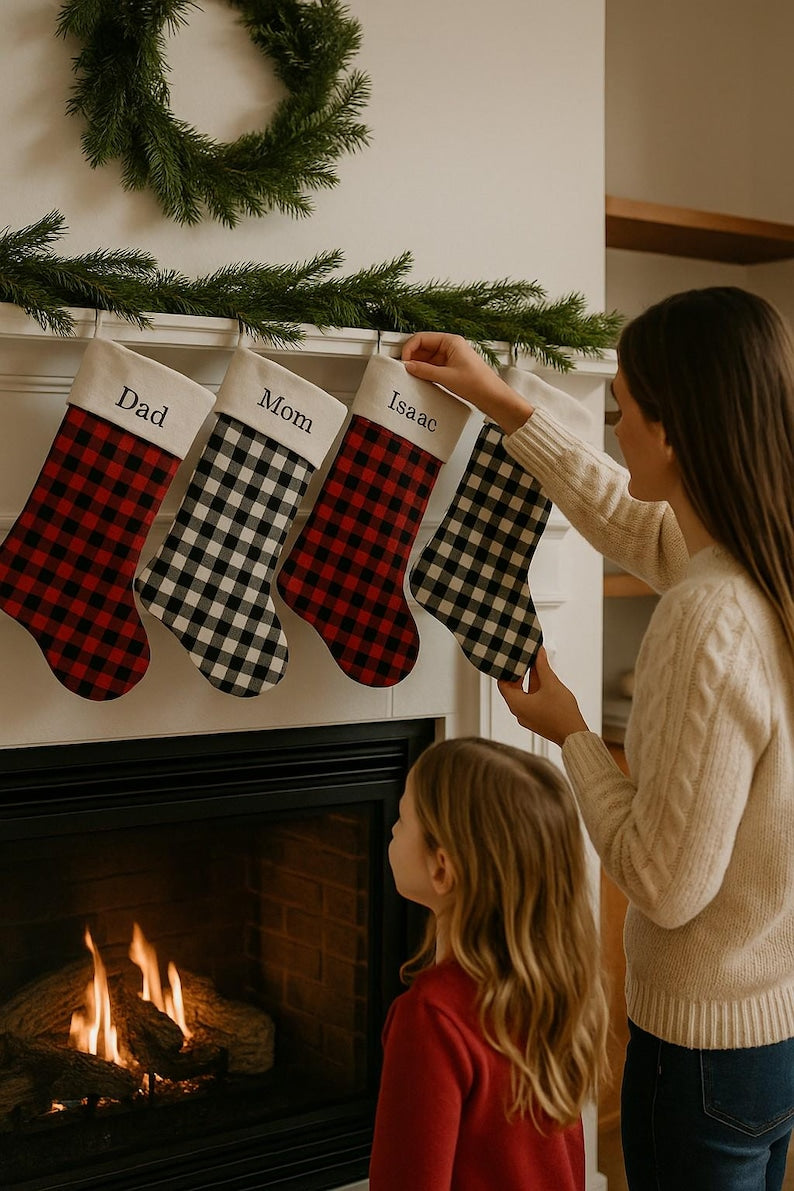 Personalized Plaid Christmas Stocking: Embroidered Family Holiday Decor