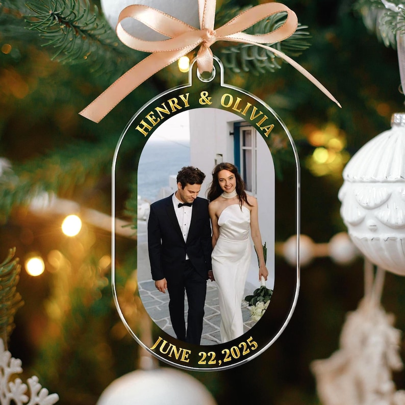 Personalized Couple Photo Ornament: Acrylic Wedding Keepsake, First Christmas Married Ornament
