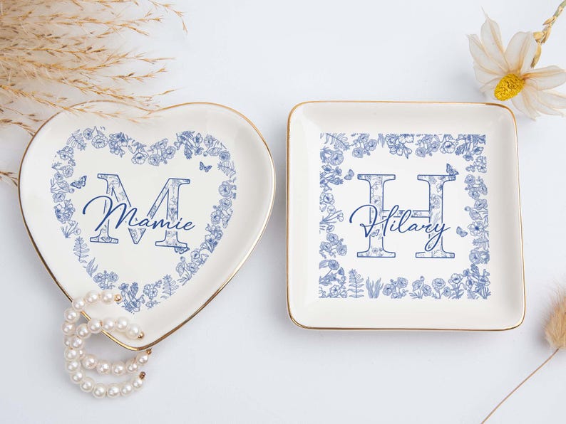 Custom Chinoiserie Initial Trinket Dish: Blue Bow Toile Jewelry Holder