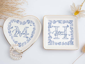 Custom Chinoiserie Initial Trinket Dish: Blue Bow Toile Jewelry Holder