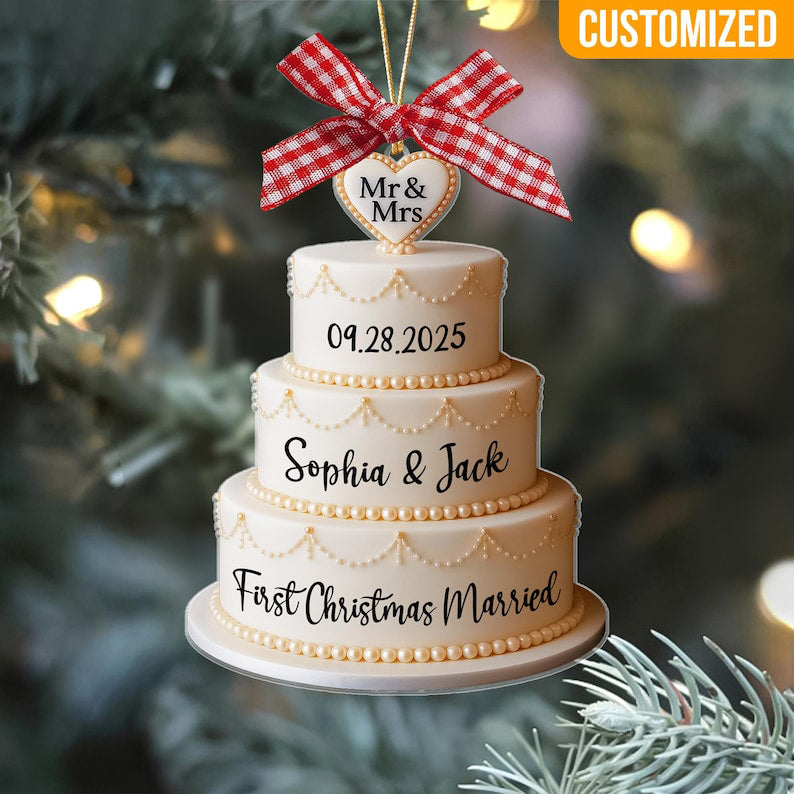 Personalized Wedding Cake 2D Flat Ornament: First Christmas Married Gift For Couple, Custom names Mr and Mrs Ornament 2D