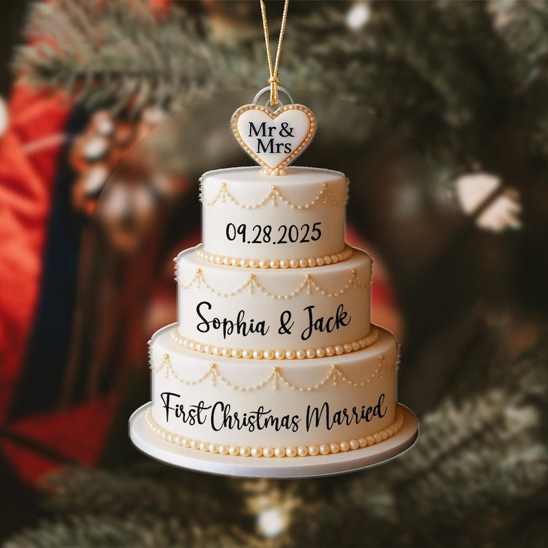 Personalized Wedding Cake 2D Flat Ornament: First Christmas Married Gift For Couple, Custom names Mr and Mrs Ornament 2D
