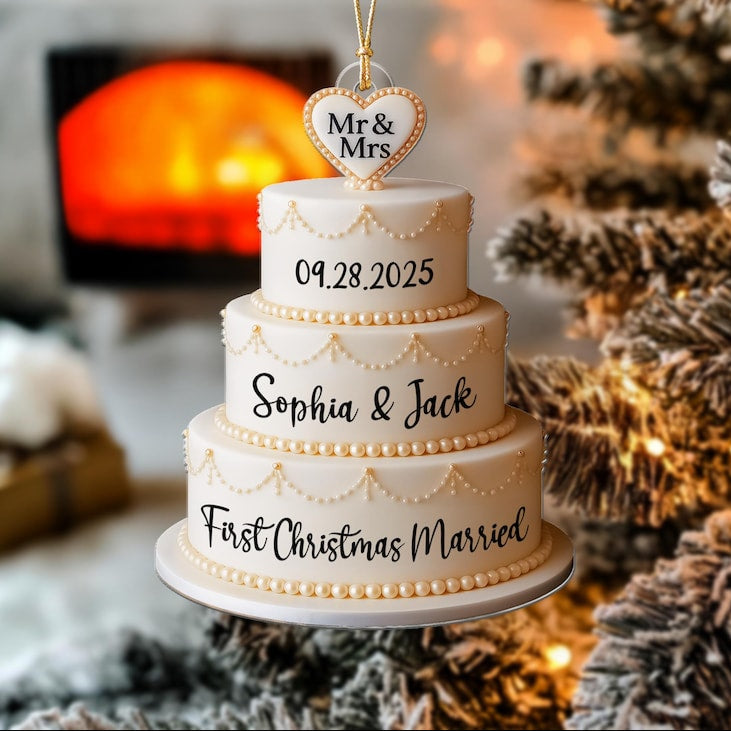 Personalized Wedding Cake 2D Flat Ornament: First Christmas Married Gift For Couple, Custom names Mr and Mrs Ornament 2D