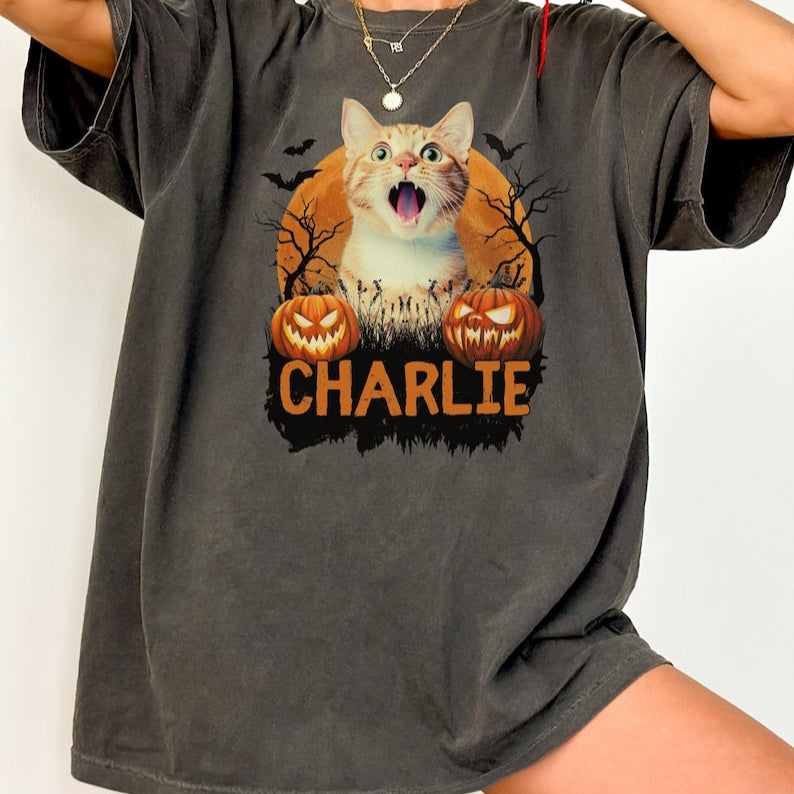 Custom Halloween Cat Shirt, Witchy Cat Shirt, Spooky Season, Personalized Cat Shirt, Custom Pet Photo Shirt, Cat Lovers Gift