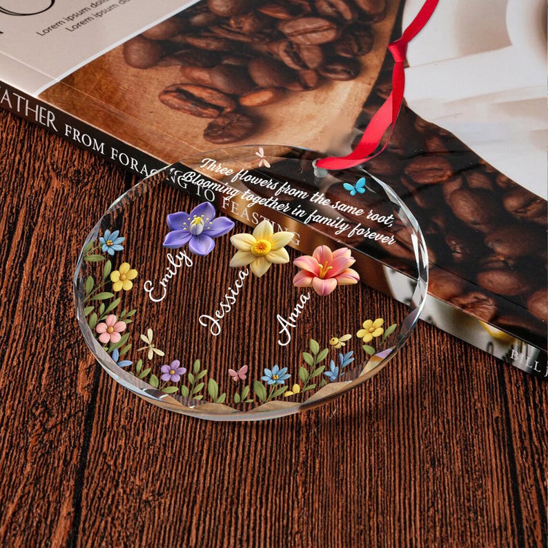 Personalized Family Flower Glass Ornament with Names, Custom Crystal Ornament, Sisters Forever Gift, Family Keepsake Christmas Decoration