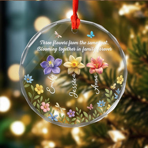 Personalized Family Flower Glass Ornament with Names, Custom Crystal Ornament, Sisters Forever Gift, Family Keepsake Christmas Decoration