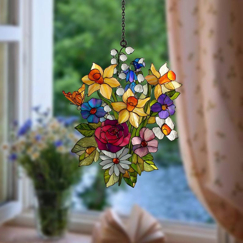 Family Birth Flowers Glass Suncatcher, Custom Mom's Garden Gift,Flower Glass Art,Birth Flower Gift For Nana,Mother's Day Gift For Mom