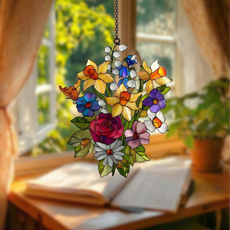 Family Birth Flowers Glass Suncatcher, Custom Mom's Garden Gift,Flower Glass Art,Birth Flower Gift For Nana,Mother's Day Gift For Mom