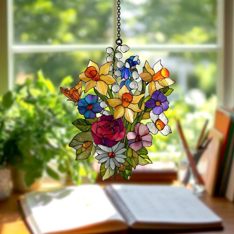 Family Birth Flowers Glass Suncatcher, Custom Mom's Garden Gift,Flower Glass Art,Birth Flower Gift For Nana,Mother's Day Gift For Mom