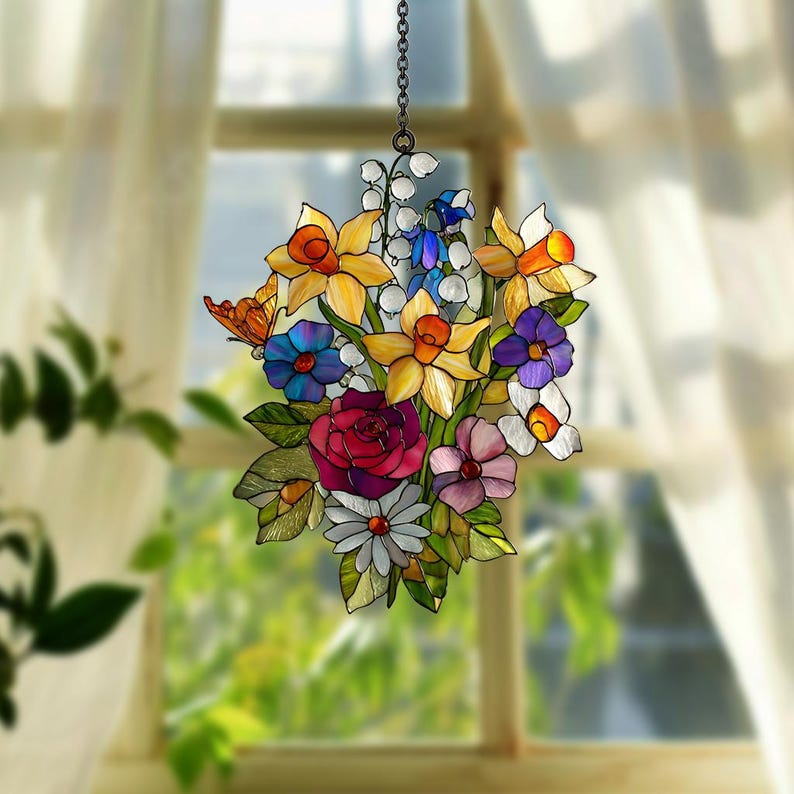 Family Birth Flowers Glass Suncatcher, Custom Mom's Garden Gift,Flower Glass Art,Birth Flower Gift For Nana,Mother's Day Gift For Mom