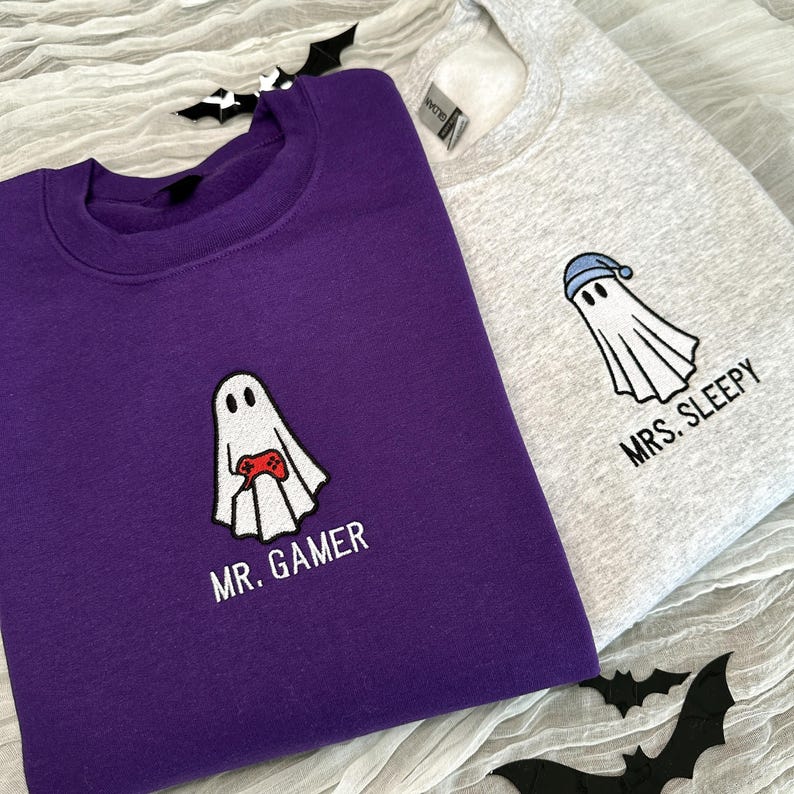 Personalized Embroidered Ghost Sweatshirt, Couple Halloween Hoodie, Mr. Gamer Mrs. Sleepy Shirt, Cute Family Fall Sweatshirt, Spooky Season il_794xN.7164753782_nlcl.jpg