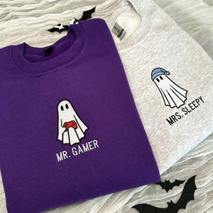 Personalized Embroidered Ghost Sweatshirt, Couple Halloween Hoodie, Mr. Gamer Mrs. Sleepy Shirt, Cute Family Fall Sweatshirt, Spooky Season il_794xN.7164753782_nlcl.jpg