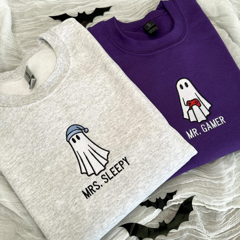 Personalized Embroidered Ghost Sweatshirt, Couple Halloween Hoodie, Mr. Gamer Mrs. Sleepy Shirt, Cute Family Fall Sweatshirt, Spooky Season il_794xN.7164755460_fbup.jpg
