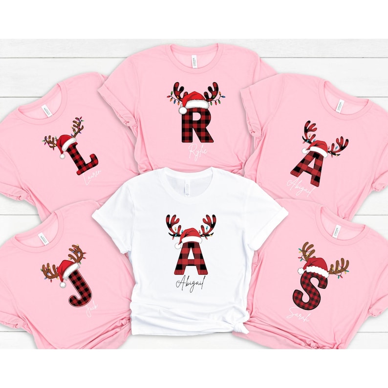 Santa Hat Reindeer Alphabet Family, Custom Matching Shirt, Christmas Family Shirt, Letter Christmas Name Shirt, Christmas Gift, Xmas Party