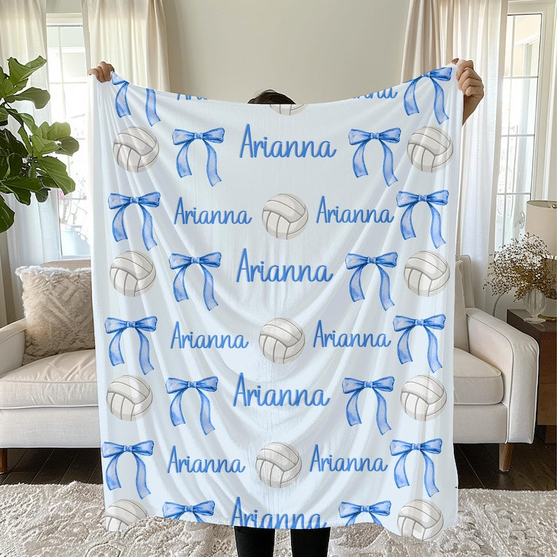 Volleyball and Bows Blanket, Personalized Volleyball Blanket - Custom Name Blanket, Multiple Sizes & Styles - Gift for Volleyball Players Coaches Mom, Senior Gift