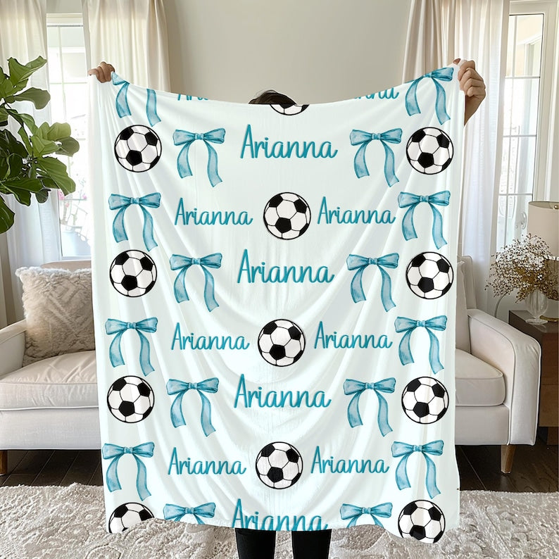 Personalized Soccer and Bows Plush Blanket: Girls Sports Throw