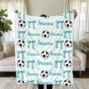 Personalized Soccer and Bows Plush Blanket: Girls Sports Throw