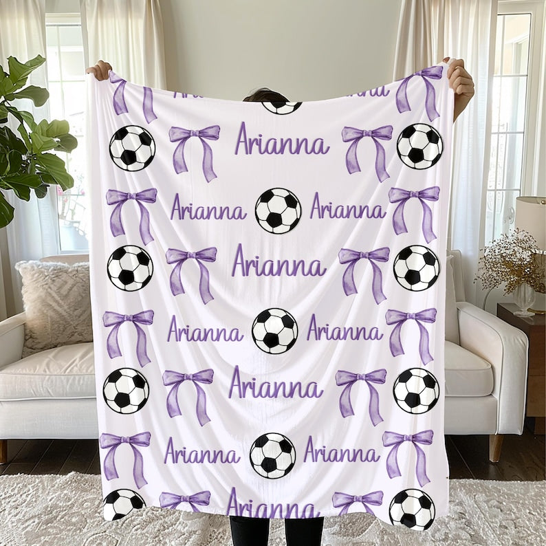 Personalized Soccer and Bows Plush Blanket: Girls Sports Throw