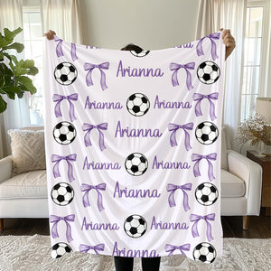 Personalized Soccer and Bows Plush Blanket: Girls Sports Throw