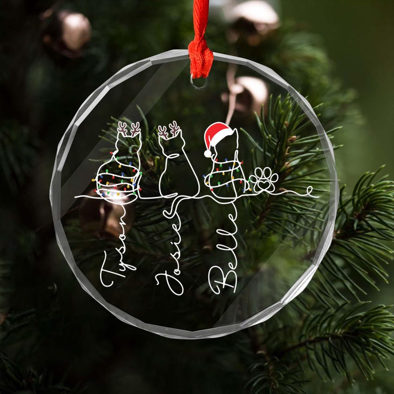 Christmas Costume Cute Cat , My Fur Babies One Line Art - Personalized Cat Line Art Glass Ornament,Cat Christmas Ornament, Cat Lover Present