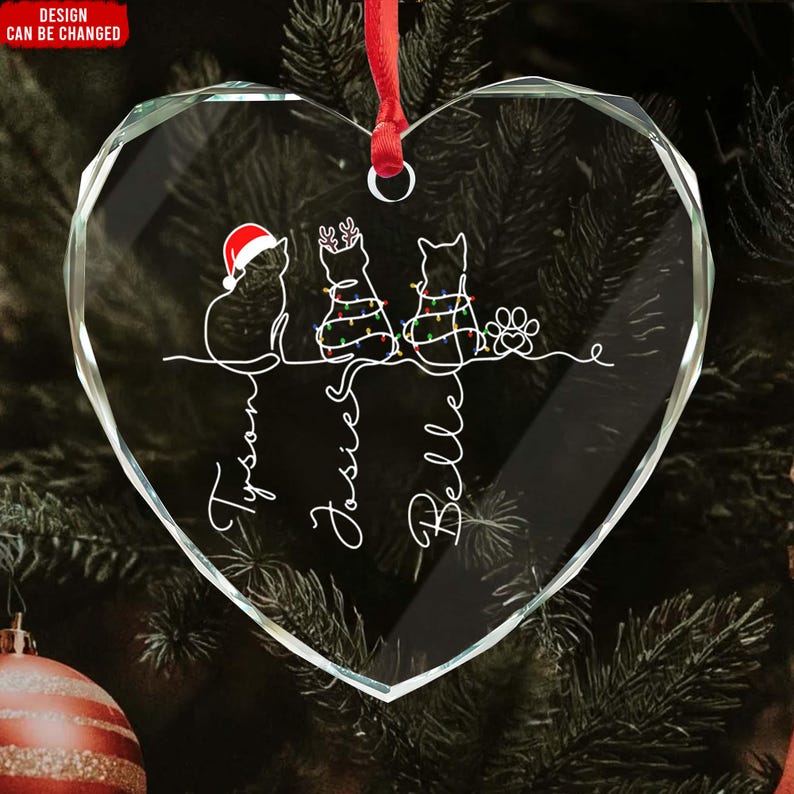 Christmas Costume Cute Cat , My Fur Babies One Line Art - Personalized Cat Line Art Glass Ornament,Cat Christmas Ornament, Cat Lover Present