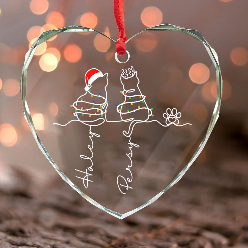 Christmas Costume Cute Cat , My Fur Babies One Line Art - Personalized Cat Line Art Glass Ornament,Cat Christmas Ornament, Cat Lover Present