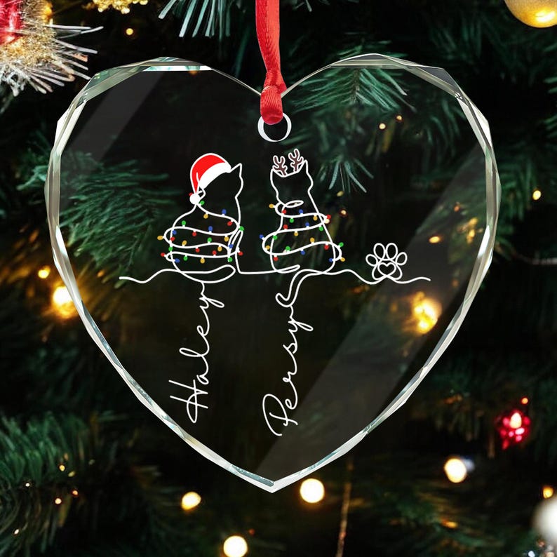 Christmas Costume Cute Cat , My Fur Babies One Line Art - Personalized Cat Line Art Glass Ornament,Cat Christmas Ornament, Cat Lover Present