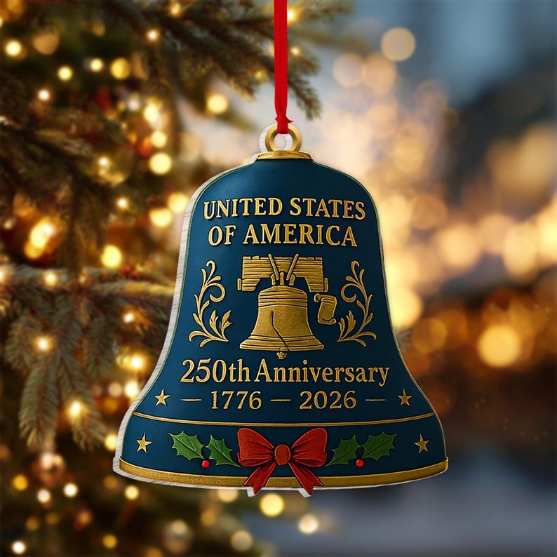 USA 250th Anniversary Ornament, 1776-2026 Liberty Bell Keepsake, Semiquincentennial Christmas Decor, Historical Gift, 2D Flat Ornament
