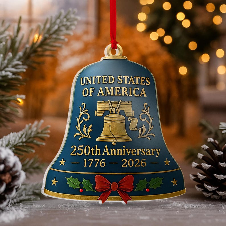 USA 250th Anniversary Ornament, 1776-2026 Liberty Bell Keepsake, Semiquincentennial Christmas Decor, Historical Gift, 2D Flat Ornament