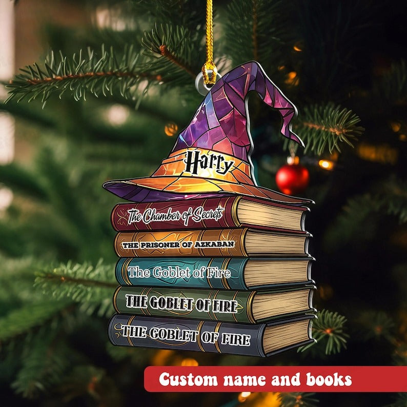 Custom Name Wizard Hat On Book Acrylic Ornament, Wizard Christmas Ornament, Wizard School Magical, Bookish Hanging Art Decor, Book Club Gift
