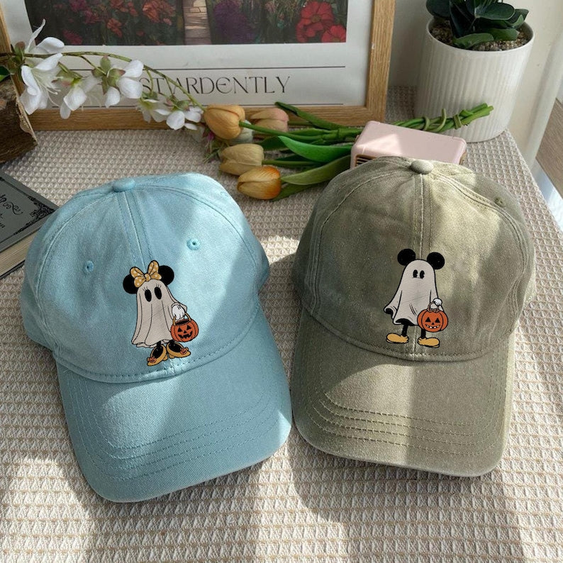 Retro Halloween Couple Embroidered Cap, Halloween Ghost Cap, Trip 2025, Halloween Hat, Mickey Minnie Ghost Hat