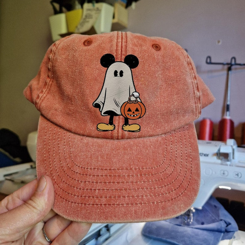 Retro Halloween Couple Embroidered Cap, Halloween Ghost Cap, Trip 2025, Halloween Hat, Mickey Minnie Ghost Hat