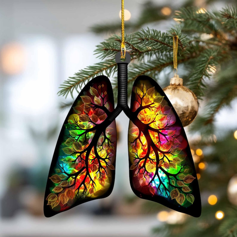 Tree of Life Lungs Christmas Ornament Lung Silhouette with Colorful Leaves and Custom Nameplate Acrylic Decor, Respiratory Gift Hanging