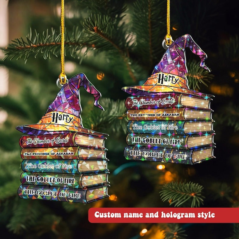 Custom Name Wizard Hat On Book Acrylic Ornament, Wizard Christmas Ornament, Wizard School Magical, Bookish Hanging Art Decor, Book Club Gift