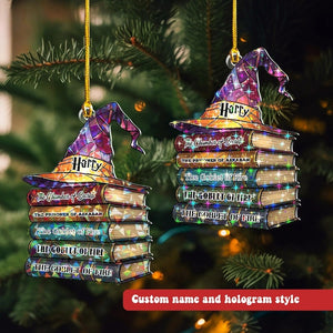 Custom Name Wizard Hat On Book Acrylic Ornament, Wizard Christmas Ornament, Wizard School Magical, Bookish Hanging Art Decor, Book Club Gift