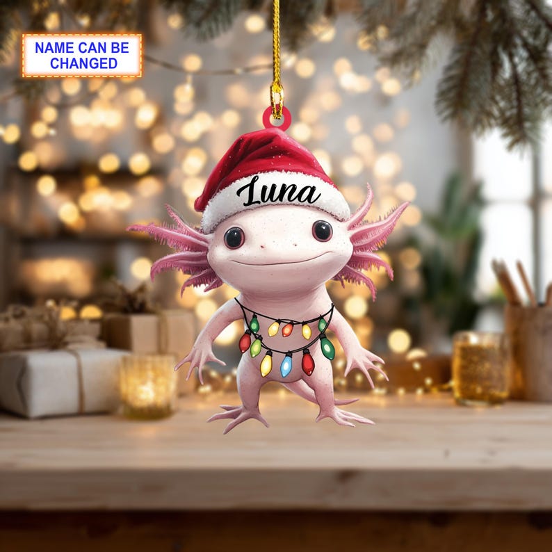 Custom Name Axolotl Salamander With Santa Hat Christmas Lights Ornament, Christmas Tree Hanging Decor, Christmas Ornament, Flat 2D Ornament