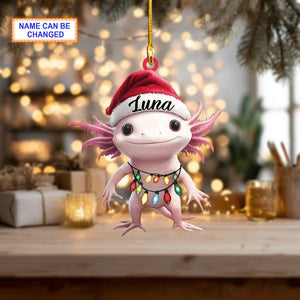 Custom Name Axolotl Salamander With Santa Hat Christmas Lights Ornament, Christmas Tree Hanging Decor, Christmas Ornament, Flat 2D Ornament