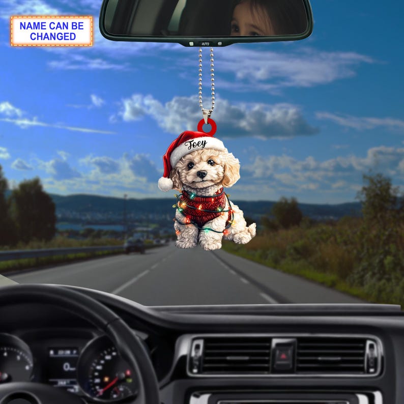 Custom Name Cute Sitting Poodle Dog with Santa Hat Christmas Lights Ornament, Christmas Tree Hanging Decor, Christmas Flat 2D Ornament