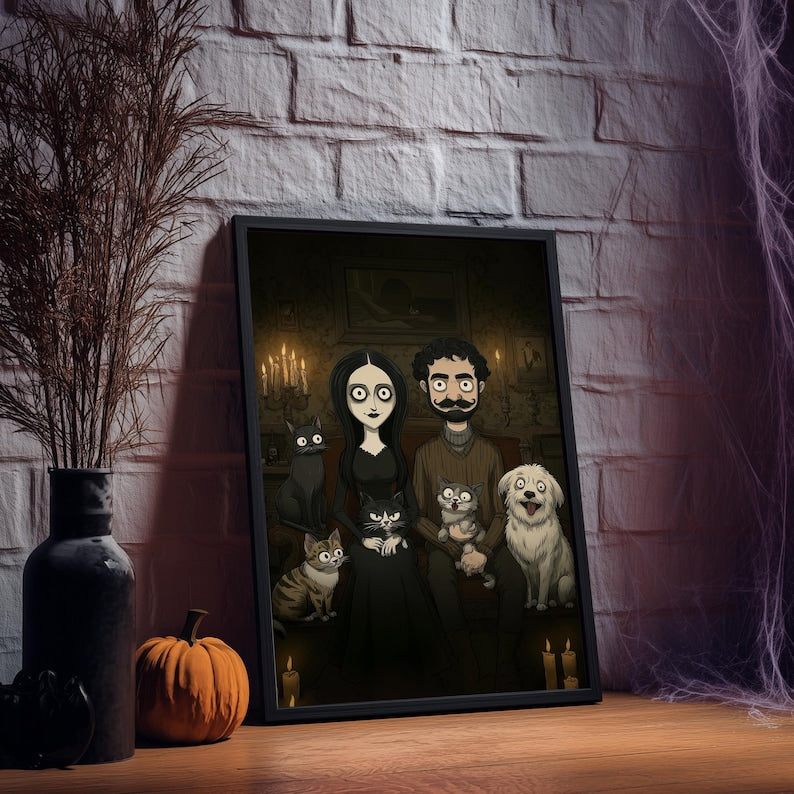 Custom Gothic Family Portrait with Pets, Custom Poster Spooky Season, Personalized Halloween Wall Art, Family Illustration from Your Photo