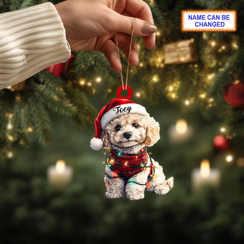 Custom Name Cute Sitting Poodle Dog with Santa Hat Christmas Lights Ornament, Christmas Tree Hanging Decor, Christmas Flat 2D Ornament