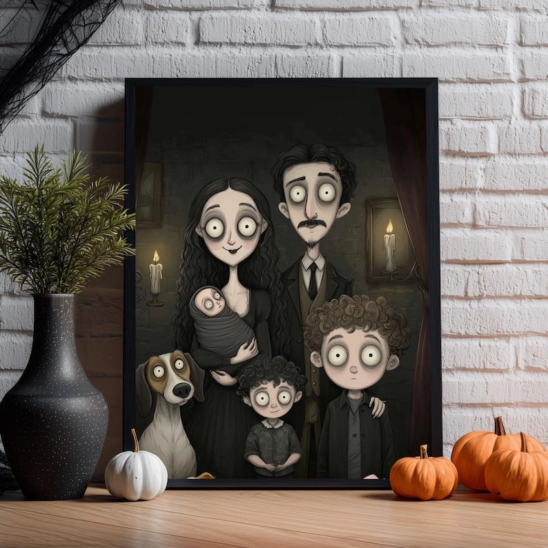 Custom Gothic Family Portrait with Pets, Custom Poster Spooky Season, Personalized Halloween Wall Art, Family Illustration from Your Photo